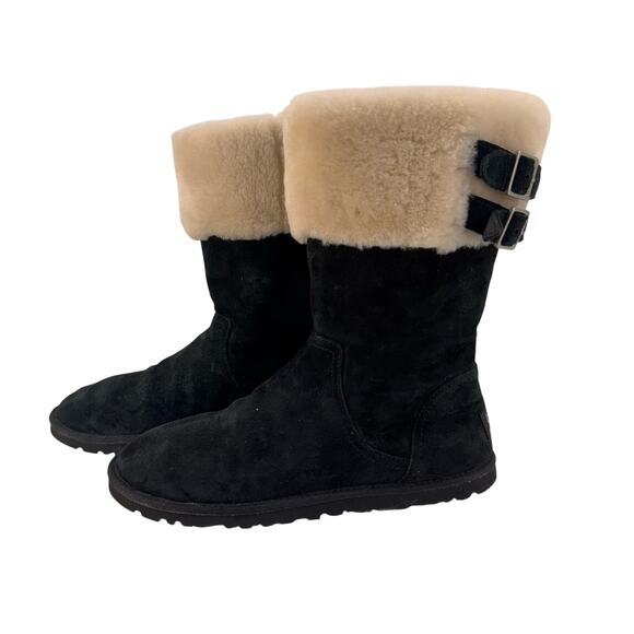 UGG Australia Black Shearling Buckle Cuff Sheepskin Boots Women’s 9 Cozy Winter - Picture 1 of 7